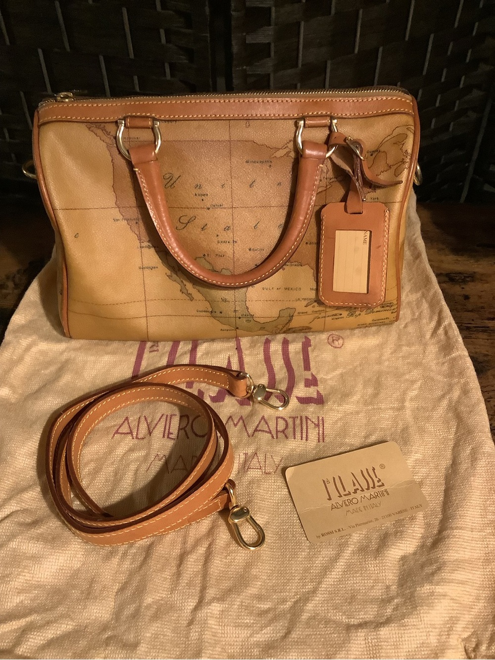 Alviero Martini Tan-Brown Map Print Leather Satchel with Strap